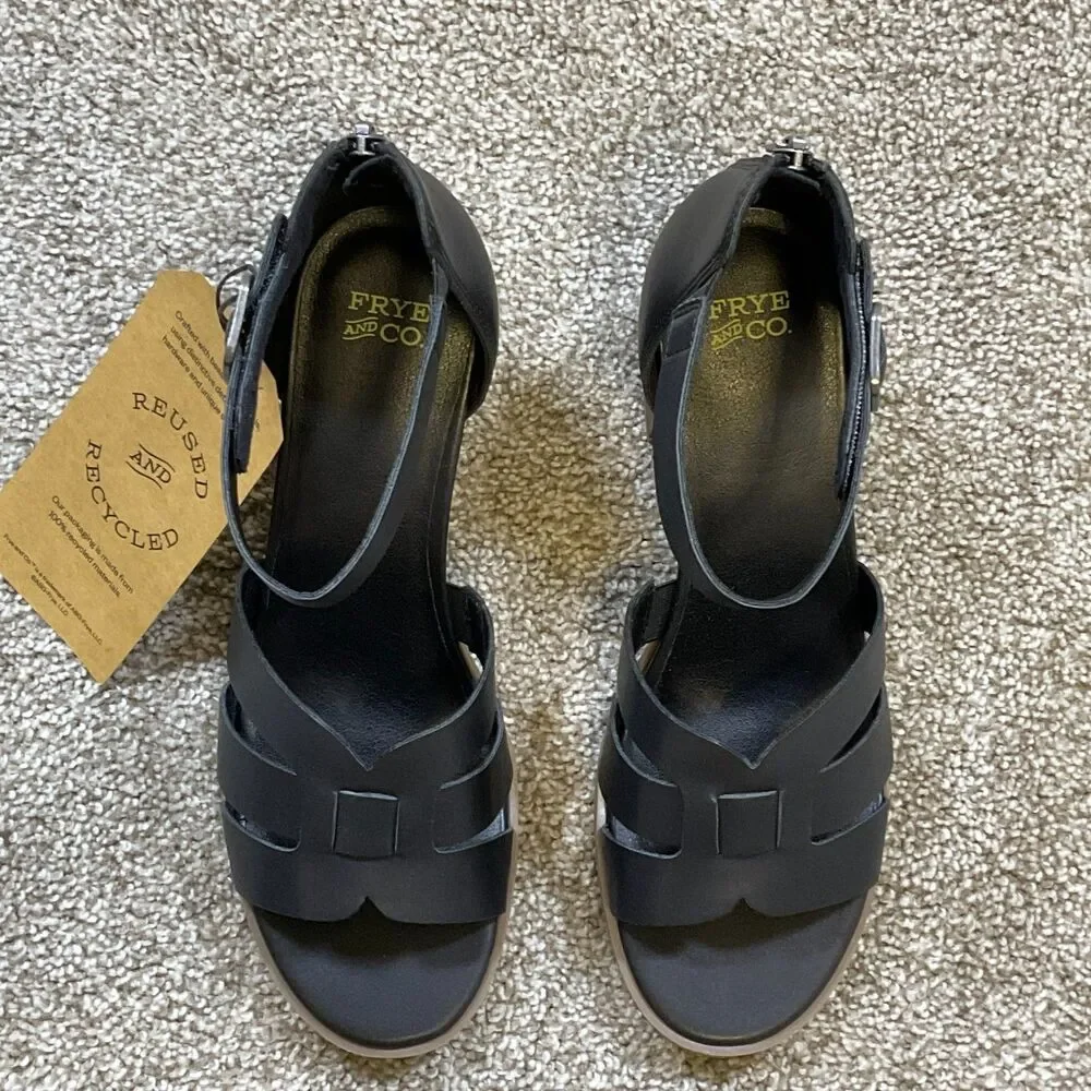 New Frye & Co Womens Hollins‎ Heeled Sandals Black Size 10 Open Toe Ankle Strap